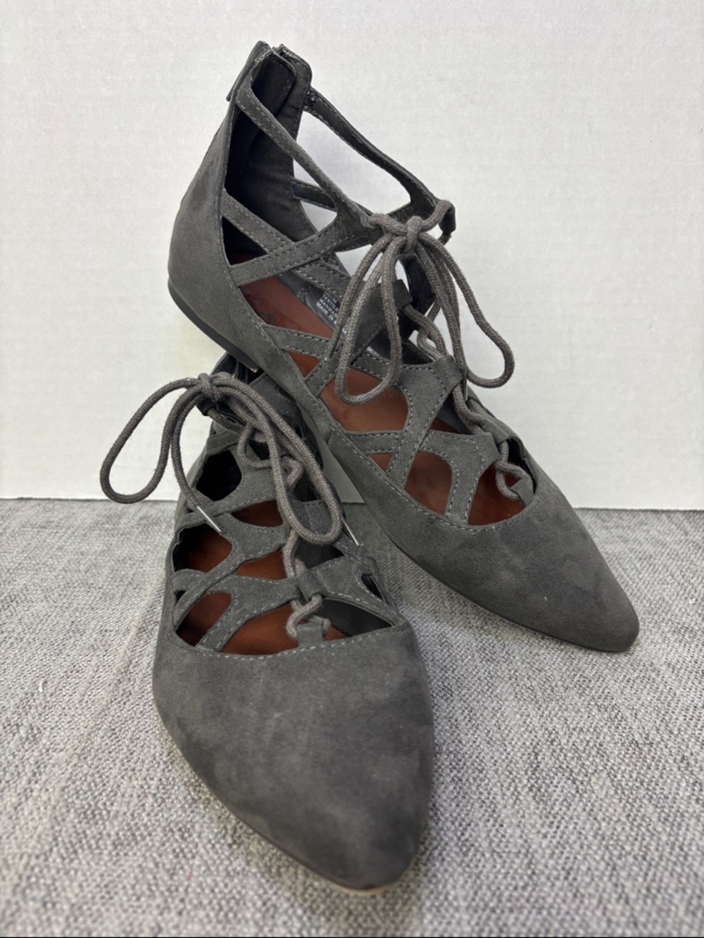 MIA Gray Suede Lace-Up Cutout Pointed Flats Anamarie